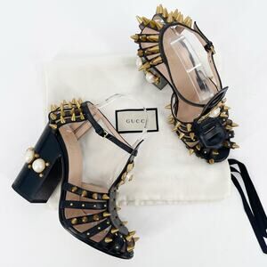 Gucci Black Leather Kendall Studded Pearl Embellished Cage Block Heels EU 39